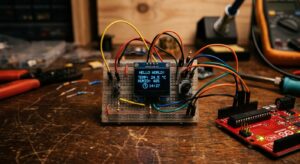 A close-up, editorial-style photograph of a tiny 0.96 inch OLED display glowing with crisp blue text and pixel graphics against a deep black background, mounted on a small breadboard surrounded by colorful jumper wires, resistors, and an Arduino microcontroller. The scene is set on a wooden workbench with soft workshop lighting casting warm shadows, highlighting the vivid contrast of the bright OLED screen in the dimly lit maker space. The composition emphasizes the compact size of the display next to common electronic components, evoking a hands-on DIY electronics project atmosphere. Shallow depth of field, macro photography style, high detail, warm ambient lighting with the blue OLED glow as a focal accent.