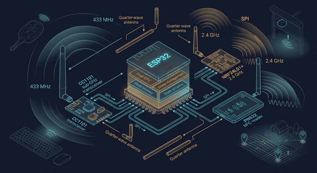 A detailed technical illustration showing an exploded, isometric view of a wireless embedded systems ecosystem, rendered in a clean engineering blueprint style with dark navy background and glowing cyan/amber accent lines. At the center, a modern ESP32 microcontroller chip sits prominently with labeled internal blocks representing CPU cores, RAM, and flash memory. Surrounding it are interconnected radio modules including a CC1101 sub-GHz transceiver, an NRF24L01+ 2.4 GHz chip, and a PN532 NFC reader, all connected via visible SPI bus traces. Radiating outward from the antenna connections are stylized electromagnetic wave patterns at different frequencies, with longer wavelengths depicted for 433 MHz sub-GHz signals and shorter, tighter waves for 2.4 GHz signals. In the background, faint silhouettes of real-world devices — a car key fob, a wireless keyboard, a garage door, and a farm landscape with sensor nodes — illustrate practical applications. Quarter-wave antenna rods of varying lengths float in the composition, visually demonstrating the relationship between frequency and physical size. The overall aesthetic blends technical schematic precision with a modern educational infographic feel, using glowing circuit trace lines, translucent wave overlays, and soft gradient lighting to convey the invisible physics of radio frequency communication.