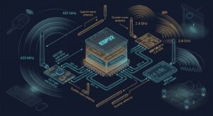 A detailed technical illustration showing an exploded, isometric view of a wireless embedded systems ecosystem, rendered in a clean engineering blueprint style with dark navy background and glowing cyan/amber accent lines. At the center, a modern ESP32 microcontroller chip sits prominently with labeled internal blocks representing CPU cores, RAM, and flash memory. Surrounding it are interconnected radio modules including a CC1101 sub-GHz transceiver, an NRF24L01+ 2.4 GHz chip, and a PN532 NFC reader, all connected via visible SPI bus traces. Radiating outward from the antenna connections are stylized electromagnetic wave patterns at different frequencies, with longer wavelengths depicted for 433 MHz sub-GHz signals and shorter, tighter waves for 2.4 GHz signals. In the background, faint silhouettes of real-world devices — a car key fob, a wireless keyboard, a garage door, and a farm landscape with sensor nodes — illustrate practical applications. Quarter-wave antenna rods of varying lengths float in the composition, visually demonstrating the relationship between frequency and physical size. The overall aesthetic blends technical schematic precision with a modern educational infographic feel, using glowing circuit trace lines, translucent wave overlays, and soft gradient lighting to convey the invisible physics of radio frequency communication.
